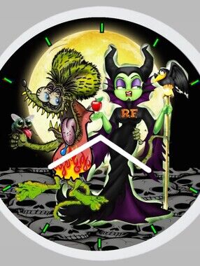 Rat Fink And Maleficent-Inspired Green and Purple Wall Clock Art